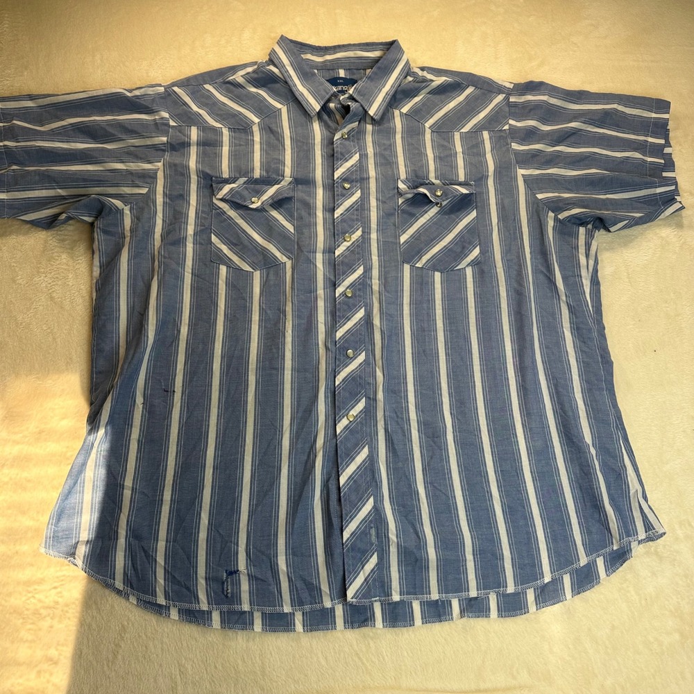 VNTG Wrangler Western Shirt Mens XXL Blue White Striped Short Sleeve Pearl Snap